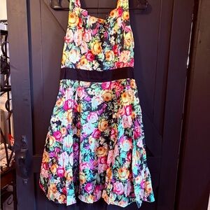 Black Floral Midi Dress with Multicolor Roses